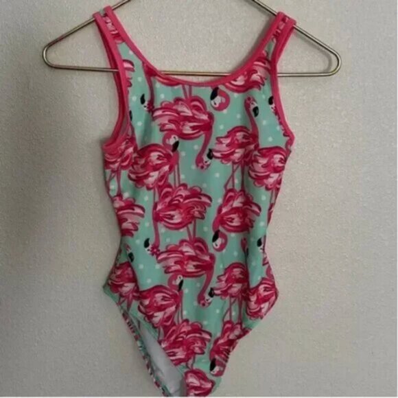 Gymboree Girls' Pink Flamingos Back Bows One Piece Swimsuit Size Large (10-12) - Picture 1 of 5